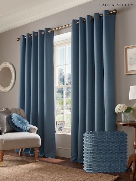 Laura Ashley Dark Seaspray Blue Stephanie Eyelet Blackout Lined  Eyelet Curtains (E17212) | £100 - £175