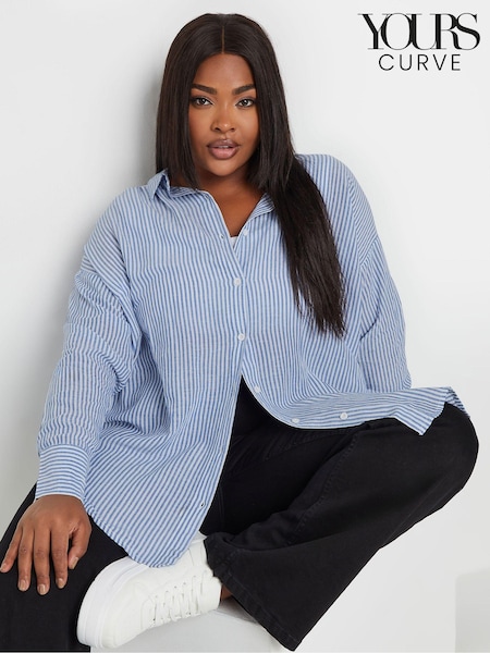 Yours Curve Blue Pinstripe Linen Shirt (E17220) | £31