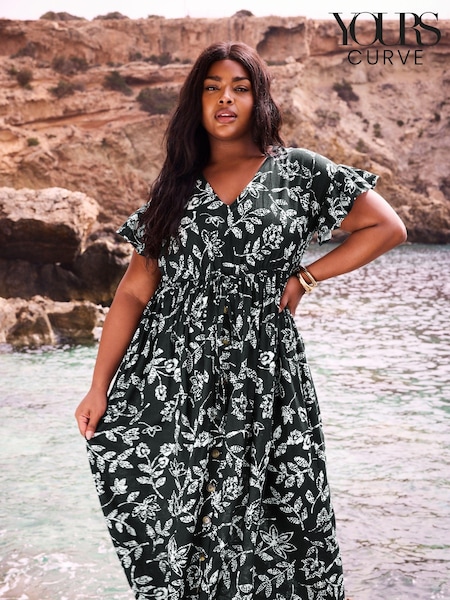 Yours Curve Black Dotted Leaf Print Linen Maxi Dress (E17281) | £41
