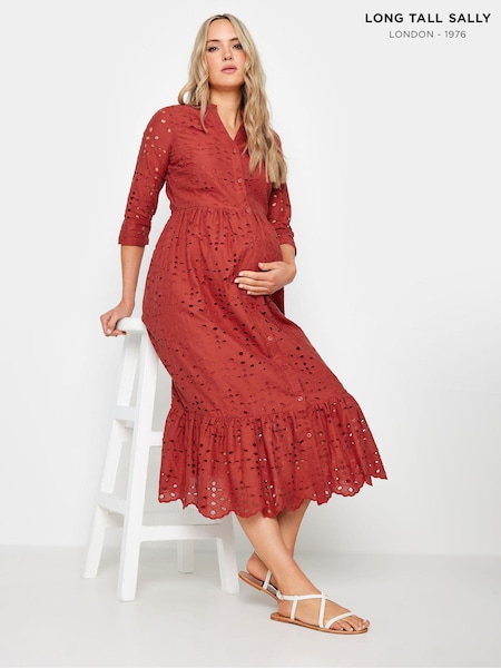 Long Tall Sally Orange Maternity Broderie Anglaise Midi 100% Cotton Dress (E17344) | £41