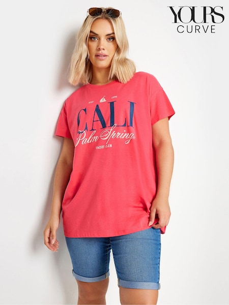 Yours Curve Red 'Cali Palm Springs' Slogan T-Shirt (E17552) | £19