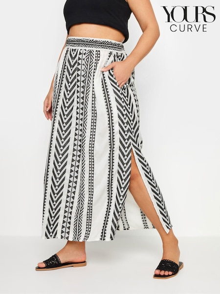 Yours Curve White Aztec Style Print 100% Cotton Maxi Skirt (E17583) | £34