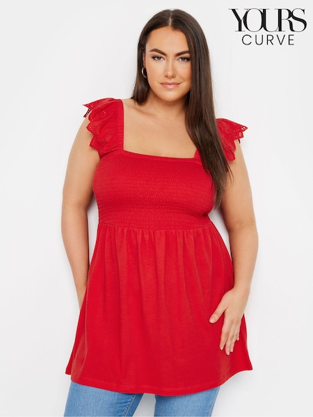 Yours Curve Red 100% Cotton Peplum Anglaise Frill Top (E17613) | £22