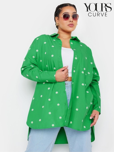 Yours Curve Green 100% Cotton Embroidered Daisy Shirt (E17617) | £31