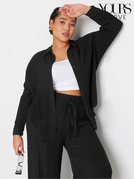 Yours Curve Black Crinkle 100% Cotton Long Sleeve Shirt (E17627) | £27