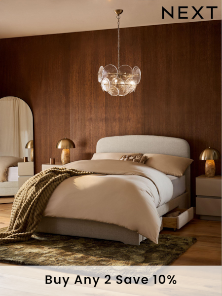 Natural Light Tweedy Plain Matson Upholstered Drawer Storage Bed Frame (E17891) | £499 - £599