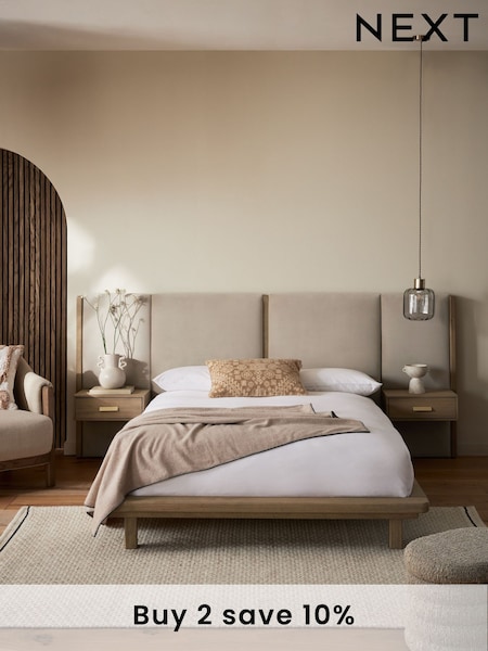 Soft Velvet Pebble Nila Upholstered Hotel Bed Frame with Bedside Tables (E17892) | £1,150 - £1,250