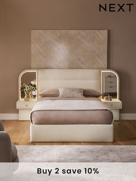 Relaxed Chenille Oyster Mia Upholstered Ottoman Hotel Bed with Bedside Tables and Mirrors With Lights (E17898) | £1,399 - £1,499