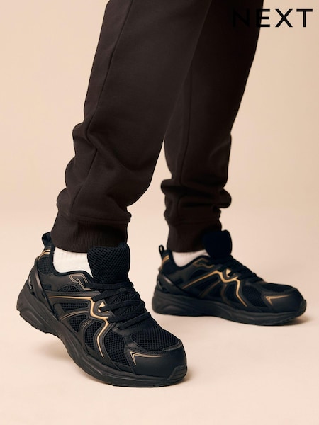Black/Gold Standard Fit (F) Elastic Lace Trainers (E18066) | £26 - £33