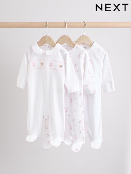 White Baby Collar 100% Cotton Sleepsuits 3 Pack (0-2yrs) (E18353) | £20 - £22