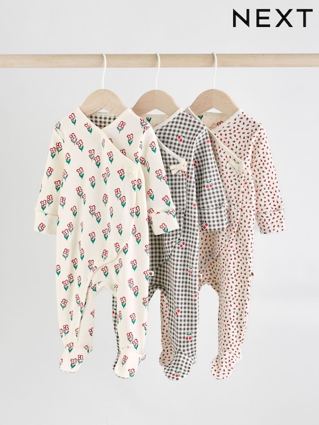 Cream/Red Popper Baby 100% Cotton Sleepsuits 3 Pack (0mths-2yrs) (E18364) | £20 - £22