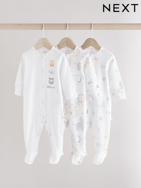 White Baby Animal Print 100% Cotton Sleepsuits 3 Pack (0-2yrs) (E19700) | £20 - £22