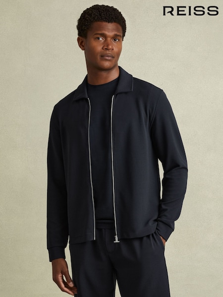 Reiss Navy Hudson Textured Zip-Through Overshirt (E19928) | £98