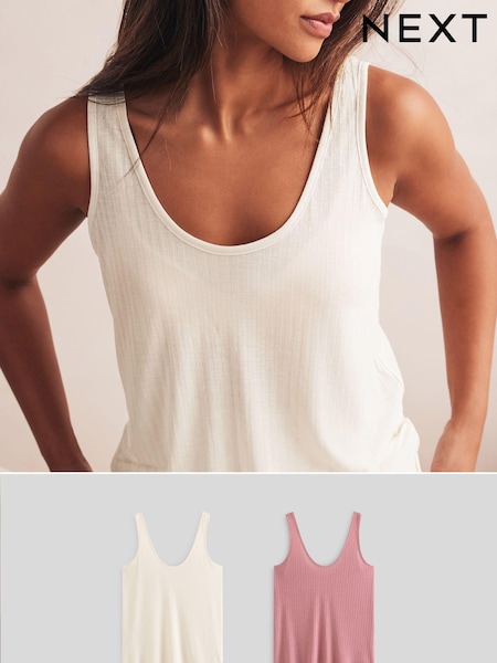 Pink/Cream Strappy Scoop Neck Slouch Ribbed Vests 2 Pack (E19941) | £22
