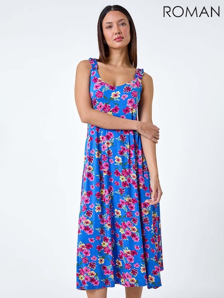 Roman Blue Floral Shirred Strap Midi Dress (E21085) | £42