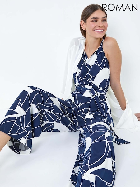 Roman Blue Abstract Print Pocket Jumpsuit (E21092) | £60
