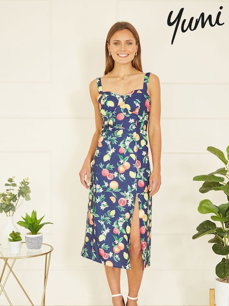 Yumi Blue Fruit Print Strappy Sundress With Front Split (E21150) | £55