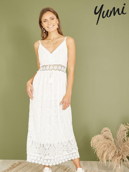 Yumi White Lace Midi Sundress With Tassel Tie and Ruched Back (E21163) | £50