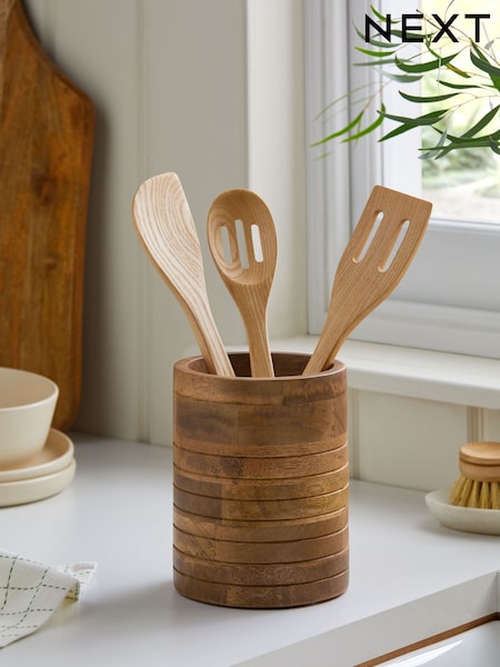 Natural Wooden Ribbed Utensil Pot (E21542) | £22