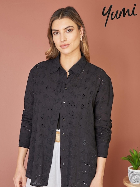 Yumi Black Relaxed 100% Cotton Broderie Anglaise Shirt (E22179) | £40