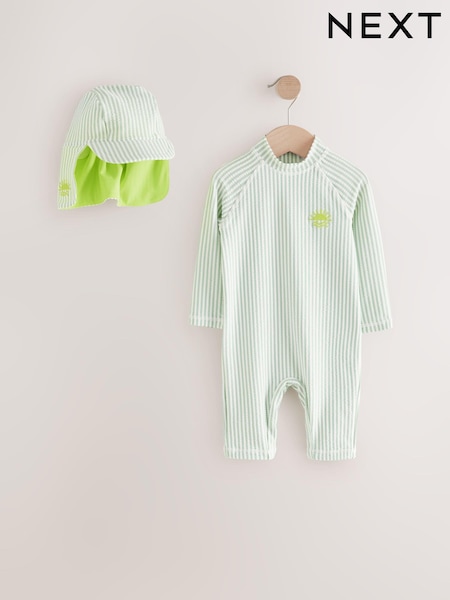 Green Stripe Sunsafe Swimsuit and Hat Set (3mths-7yrs) (E22296) | £18 - £22