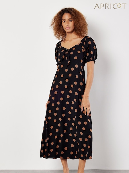 Apricot Black Big Spot Bow Detail Midi Dress (E22427) | £39