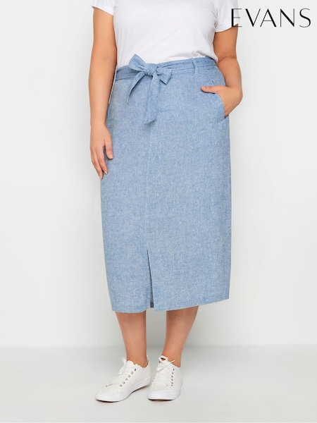 Evans Light Blue Tie Waist Linen Blend Midi Skirt (E23283) | £29
