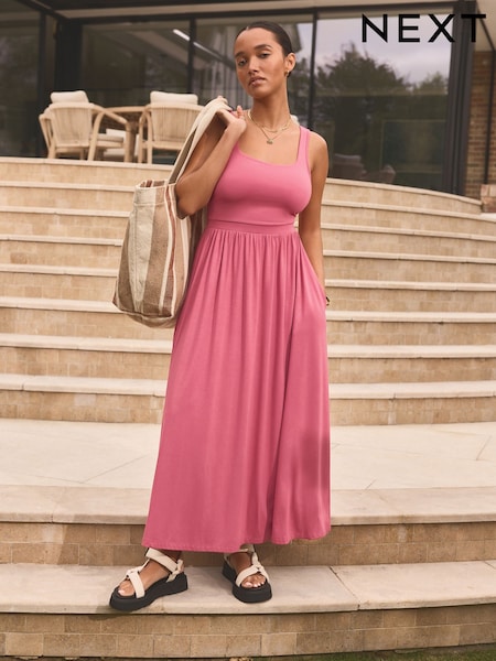 Dusky Pink Jersey Waisted Summer Dress (E23738) | £15