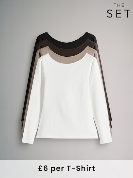 The Set Black/Chocolate Brown/Cream/Taupe Brown 4 Pack Scoop Back Long Sleeved T-Shirts (E25138) | £24
