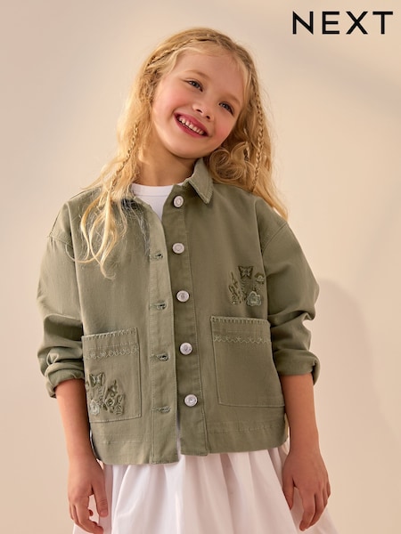 Khaki Floral Embroidered Shacket (3-16yrs) (E25208) | £24 - £30