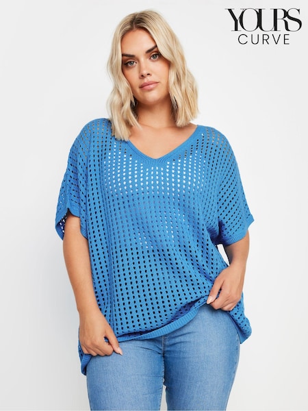 Yours Curve Blue Crochet Cardigan (E25665) | £24