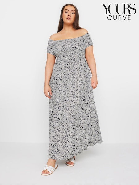 Yours Curve Blue Floral Print Bardot Midaxi Dress (E25680) | £37