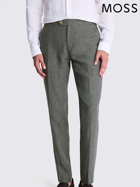MOSS Green Slim Fit Puppytooth 100% Linen Trousers (E25729) | £50