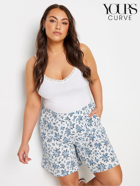 Yours Curve White Vintage Textured Floral Jersey Shorts (E25767) | £24