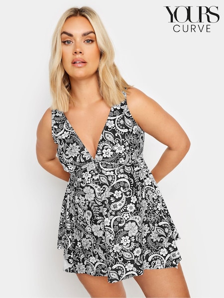 Yours Curve Black Monotone Tile Print Buckle Detail Fixed Strap Tankini (E25791) | £31