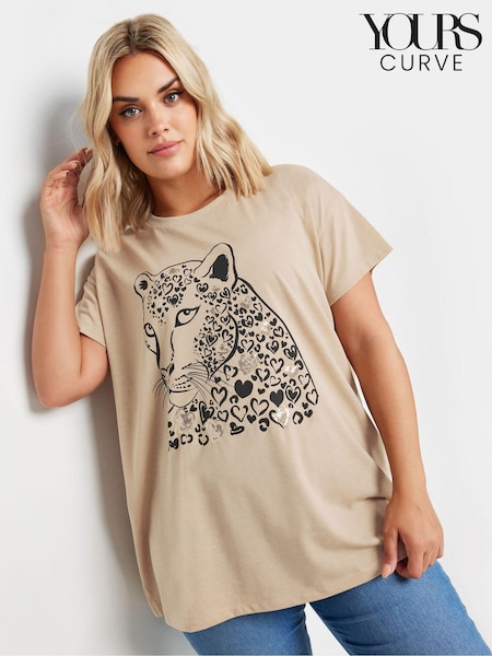 Yours Curve Natural Brown Leopard Print Sequin T-Shirt (E25797) | £19