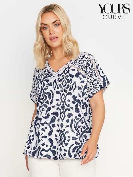 Yours Curve White Grown On Sleeve Bubble Hem Crochet 100% Cotton Top (E25809) | £22