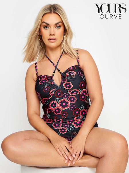 Yours Curve Black Hippie Print Halter Swimsuit (E25821) | £34