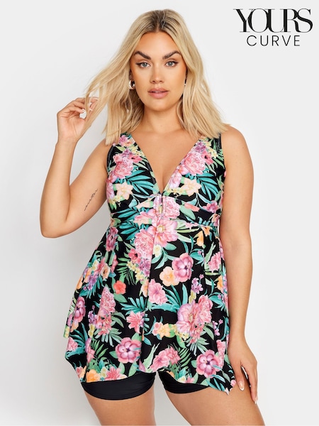 Yours Curve Black Tropical Floral Buckle Detail Fixed Strap Tankini (E25824) | £31