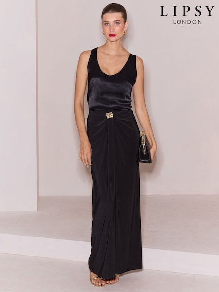 Black - Lipsy Slinky Ruched Hardware Maxi Skirt