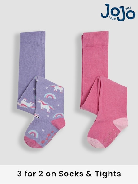 JoJo Maman Bébé Pink Cotton Rich Unicorn Tights 2 Pack (E26026) | £15