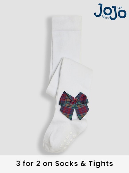 JoJo Maman Bébé White Tartan Cotton Rich Tight With Bows (E26045) | £9.50