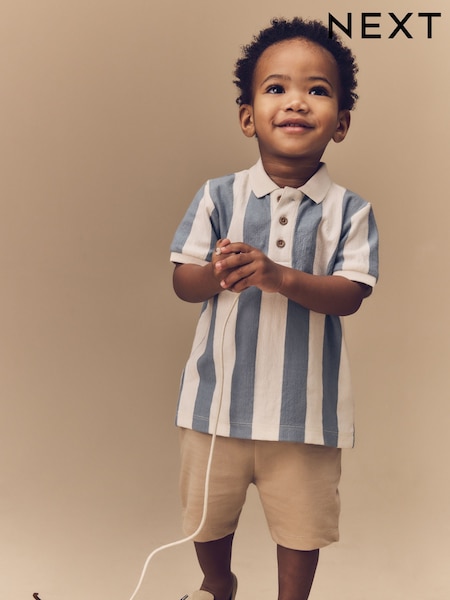 Blue/Tan Short Sleeve Textured Polo Shirt and Shorts Set (3mths-7yrs) (E26080) | £13 - £17