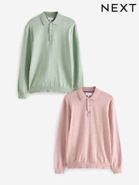 Sage Green/Light Pink Regular Fit Knitted Long Sleeve Polo Shirts 2 Pack (E26104) | £56