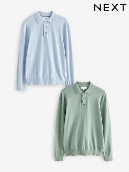 Light Blue/Sage Green Regular Fit Knitted Long Sleeve Polo Shirts 2 Pack (E26105) | £56