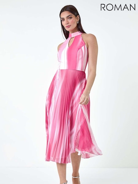 Roman Pink Ombre Stripe Pleated Midi Dress (E26204) | £110
