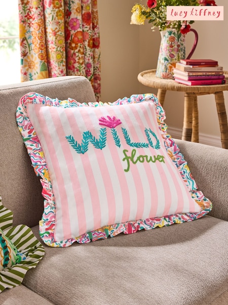 Lucy Tiffney Pink Wildflower Embroidered Cotton Cushion (E26227) | £24