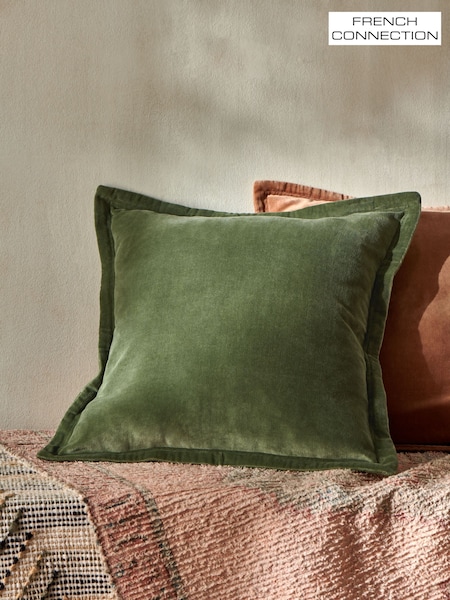 French Connection Olive Green 100% Cotton Washed Velvet Cushion (E26239) | £30