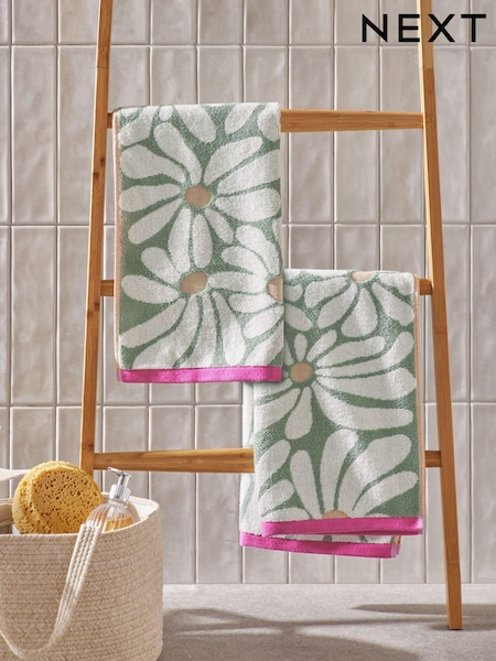 Green Daisy Set of 2 Hand Towels 100% Cotton (E26253) | £16