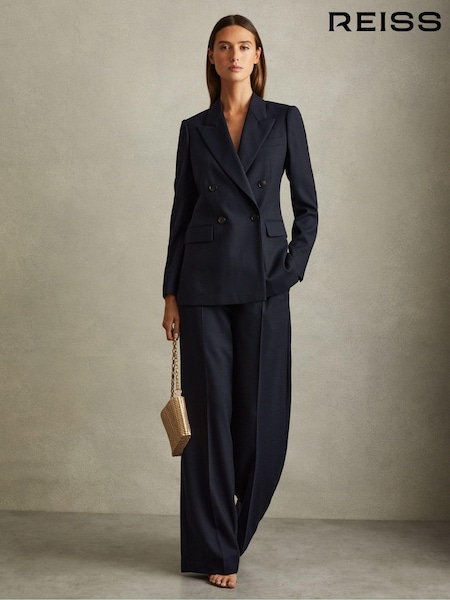 Reiss Navy Hallie Petite Textured Double Breasted Suit Blazer (E26350) | £250